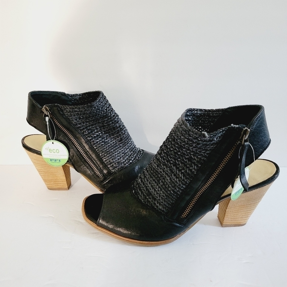 NEW Paul Green Sandal Peep Toe Bootie Black Woven Leather Side Zip Size 11 US